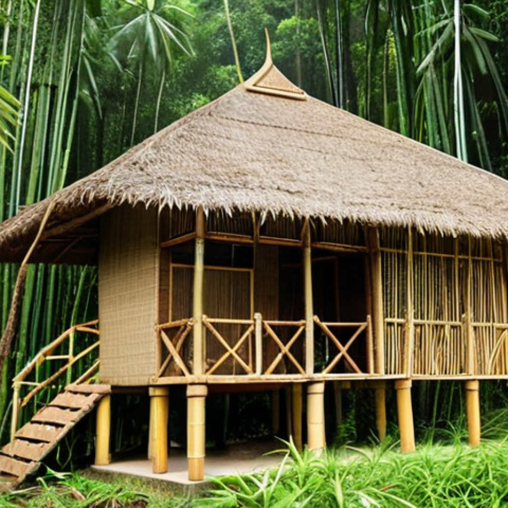 **A bamboo house seamlessly integrated into a lush tropical forest in Nan province, Thailand.** (Focus: Sustainable bamboo architecture, Thai landscape)