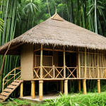 **A bamboo house seamlessly integrated into a lush tropical forest in Nan province, Thailand.** (Focus: Sustainable bamboo architecture, Thai landscape)