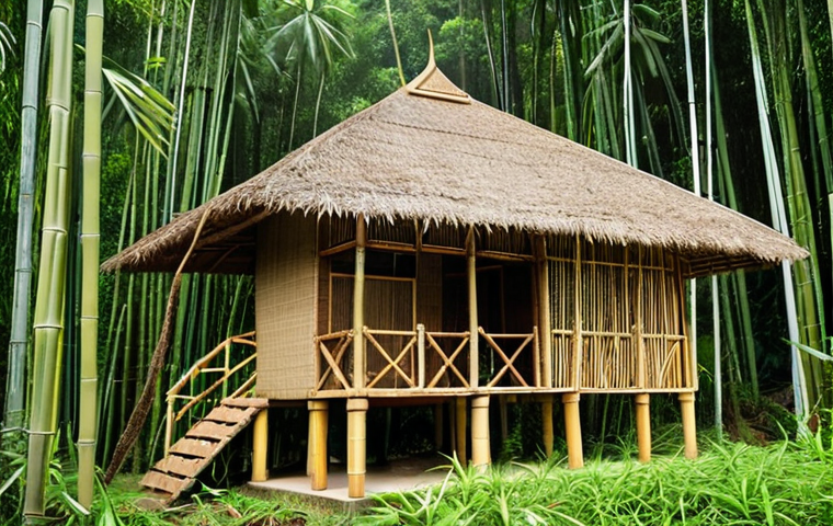**A bamboo house seamlessly integrated into a lush tropical forest in Nan province, Thailand.** (Focus: Sustainable bamboo architecture, Thai landscape)