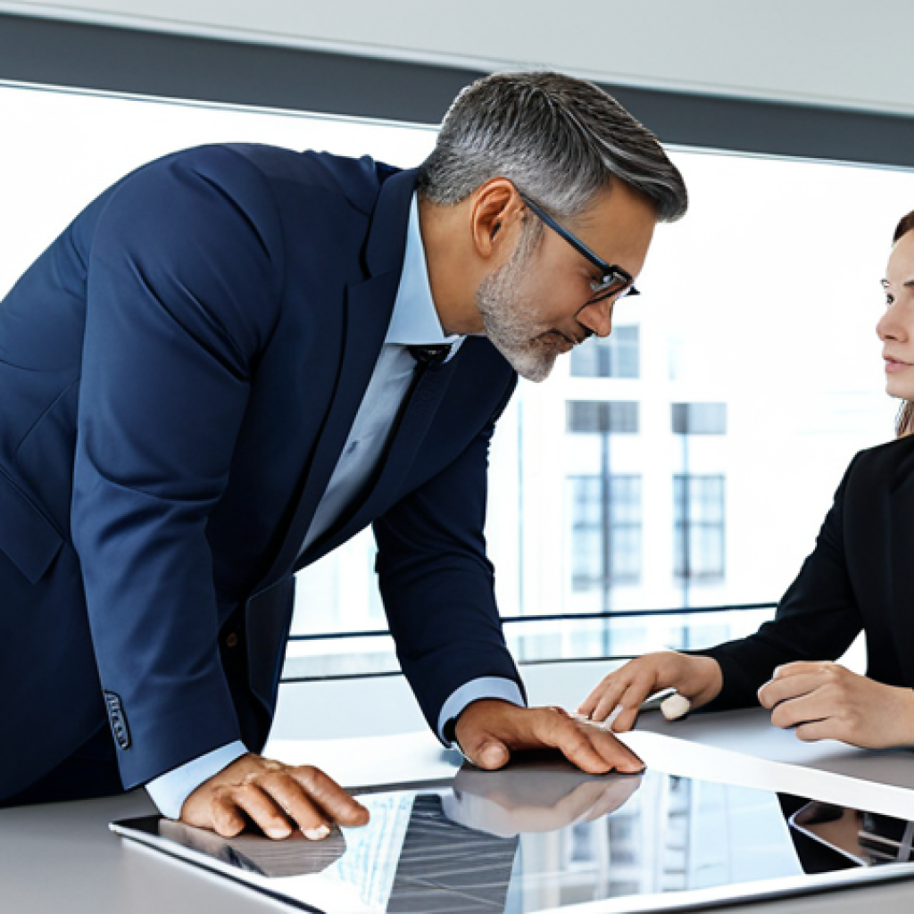 A professional architect, in a modest business suit, intently listening to a female client in appropriate attire, seated across a modern desk in a well-lit architectural office. The architect then gestures towards a tablet displaying a detailed 3D architectural model, explaining a creative solution to a complex design challenge. Both express understanding and engagement. Fully clothed, safe for work, appropriate content, professional dress, natural pose, perfect anatomy, correct proportions, well-formed hands, proper finger count, natural body proportions, professional photography, high quality, family-friendly.