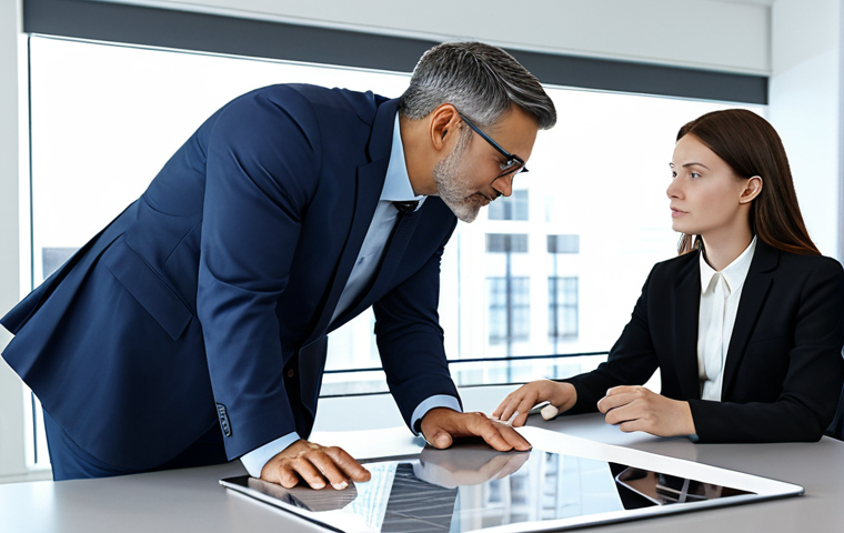 A professional architect, in a modest business suit, intently listening to a female client in appropriate attire, seated across a modern desk in a well-lit architectural office. The architect then gestures towards a tablet displaying a detailed 3D architectural model, explaining a creative solution to a complex design challenge. Both express understanding and engagement. Fully clothed, safe for work, appropriate content, professional dress, natural pose, perfect anatomy, correct proportions, well-formed hands, proper finger count, natural body proportions, professional photography, high quality, family-friendly.