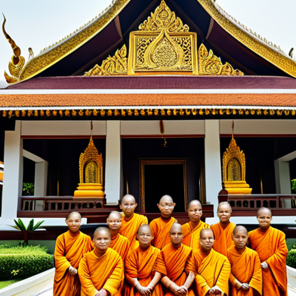Timeless Thai Architecture**
"Traditional Thai temple, intricate golden details, ornate roof with 'chofa' ornaments, lush tropical garden background, serene atmosphere, fully clothed monks in saffron robes, safe for work, appropriate content, family-friendly, professional photography, perfect anatomy, natural proportions, modest attire."
**