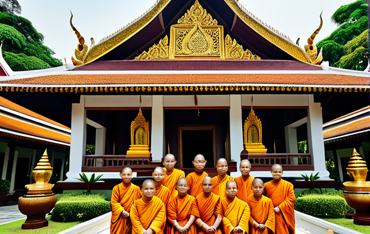 Timeless Thai Architecture**
"Traditional Thai temple, intricate golden details, ornate roof with 'chofa' ornaments, lush tropical garden background, serene atmosphere, fully clothed monks in saffron robes, safe for work, appropriate content, family-friendly, professional photography, perfect anatomy, natural proportions, modest attire."
**