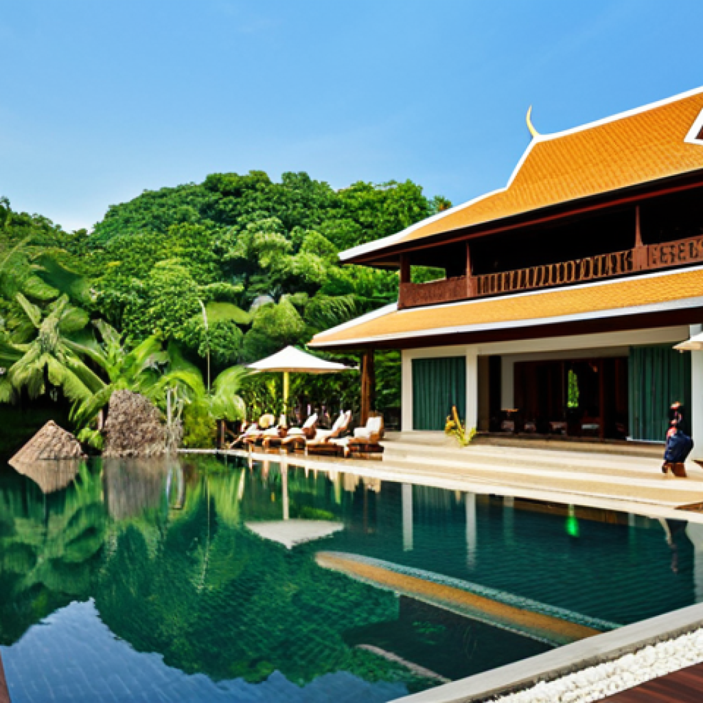 Nature-Inspired Resort in Thailand**
"A luxurious resort nestled amidst lush tropical greenery in Thailand, incorporating natural elements like wood and stone, with flowing water features and open-air spaces, fully clothed guests enjoying the serene environment, traditional Thai architectural influences blended with modern design, safe for work, appropriate content, professional, modest, family-friendly, perfect anatomy, natural proportions, well-formed hands, proper finger count, natural body proportions, high-quality rendering."
**