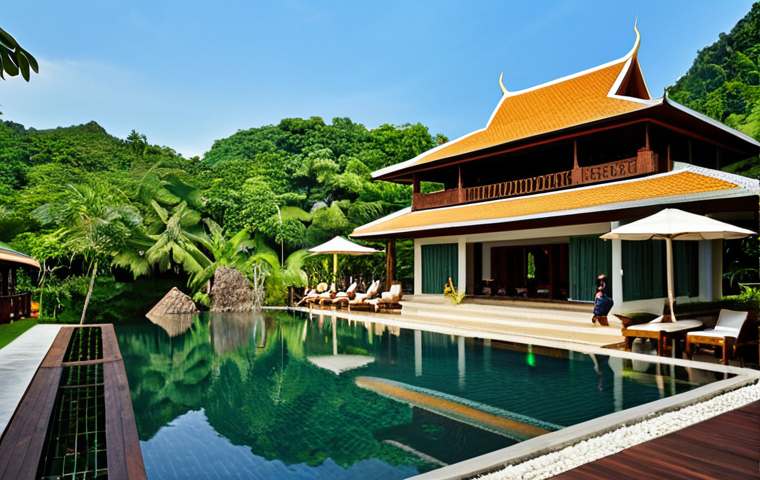 Nature-Inspired Resort in Thailand**
"A luxurious resort nestled amidst lush tropical greenery in Thailand, incorporating natural elements like wood and stone, with flowing water features and open-air spaces, fully clothed guests enjoying the serene environment, traditional Thai architectural influences blended with modern design, safe for work, appropriate content, professional, modest, family-friendly, perfect anatomy, natural proportions, well-formed hands, proper finger count, natural body proportions, high-quality rendering."
**