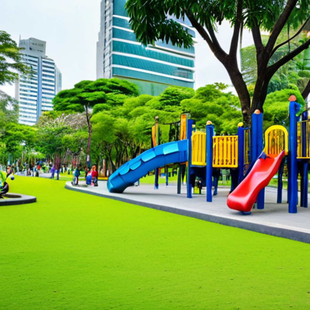 **
"A modern public park in Bangkok, Thailand, designed for diverse community use. Features include a playground, exercise area, and open space for community events. Lush greenery, well-maintained paths, and accessible design elements are present. People of all ages are enjoying the park in appropriate attire. Safe for work, appropriate content, fully clothed, professional, modest, perfect anatomy, natural proportions, high quality."
**