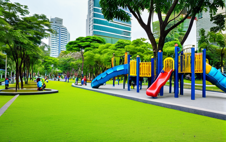**
"A modern public park in Bangkok, Thailand, designed for diverse community use. Features include a playground, exercise area, and open space for community events. Lush greenery, well-maintained paths, and accessible design elements are present. People of all ages are enjoying the park in appropriate attire. Safe for work, appropriate content, fully clothed, professional, modest, perfect anatomy, natural proportions, high quality."
**