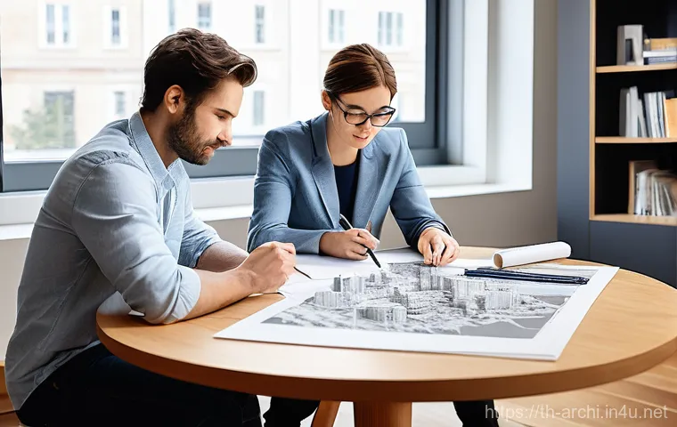 건축 실무에서 효율적 팀워크 구축 - **Image Prompt 2: BIM-Powered Design Integration**
    "A focused group of three to four architects ...