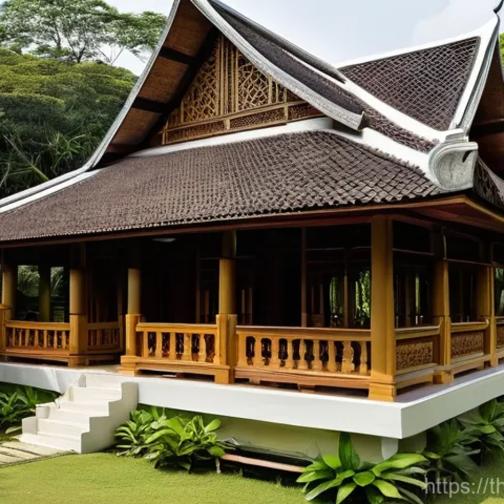 건축 설계의 과거와 현재 비교 연구 - A serene and tranquil traditional Thai house (Ruean Thai) nestled amidst lush tropical greenery. The...