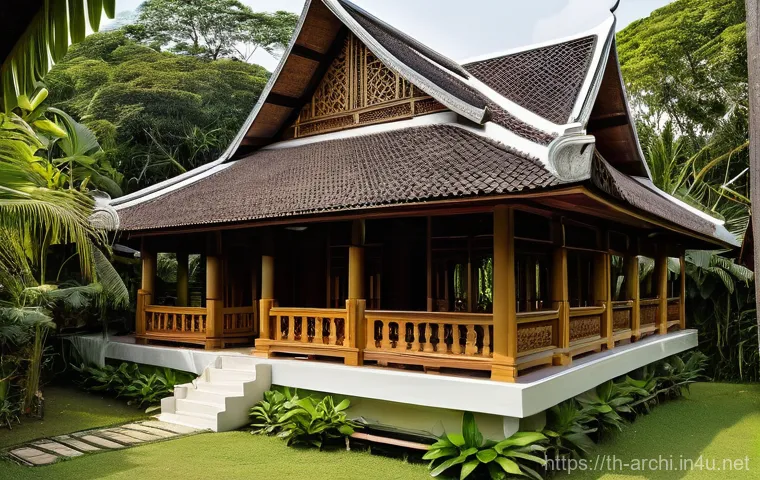건축 설계의 과거와 현재 비교 연구 - A serene and tranquil traditional Thai house (Ruean Thai) nestled amidst lush tropical greenery. The...