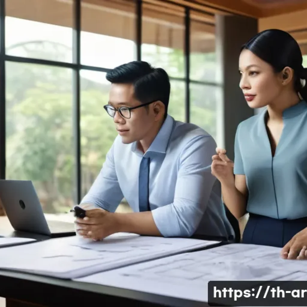 건축가가 처음 맡는 프로젝트에서 유의할 점 - A professional architect attentively interviewing a Thai client in a modern office setting, surround...