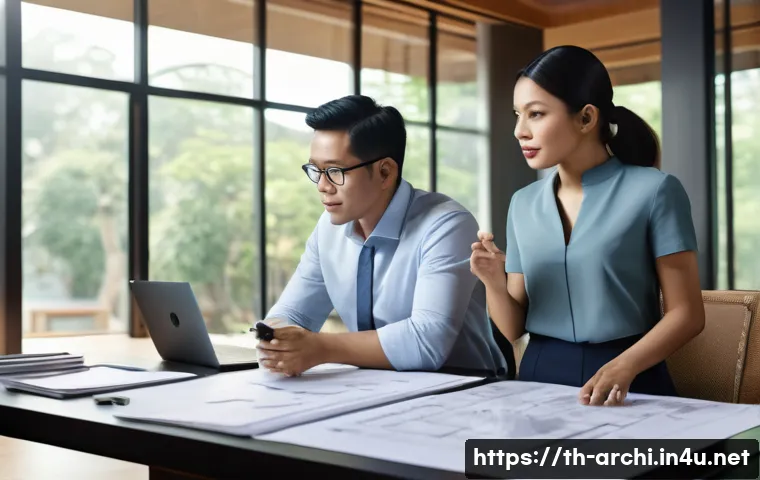건축가가 처음 맡는 프로젝트에서 유의할 점 - A professional architect attentively interviewing a Thai client in a modern office setting, surround...