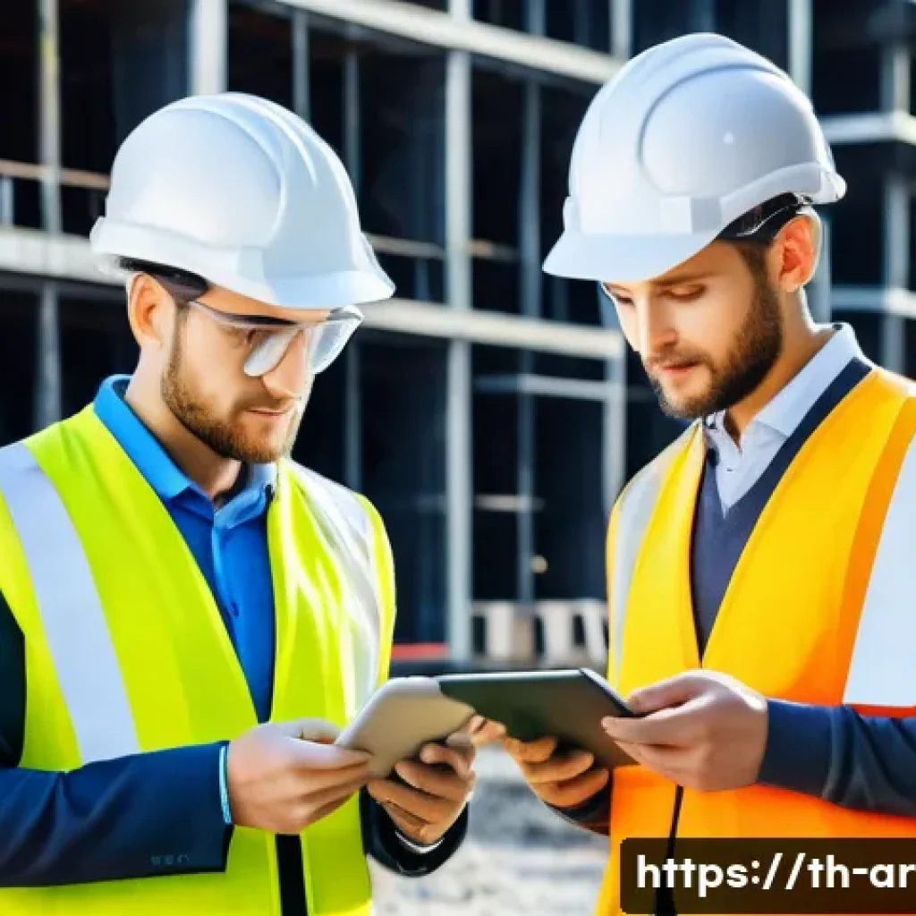 건축 실무에서의 데이터 관리 - A modern construction site with diverse workers wearing safety helmets and reflective vests, using t...