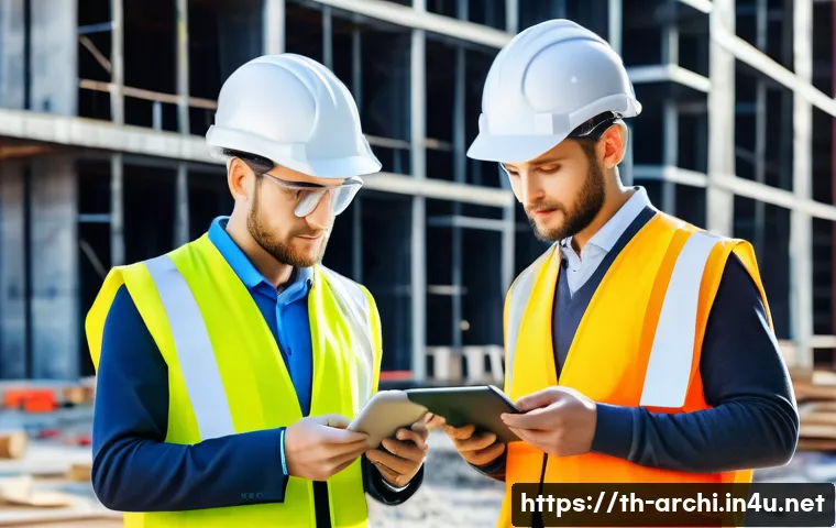 건축 실무에서의 데이터 관리 - A modern construction site with diverse workers wearing safety helmets and reflective vests, using t...