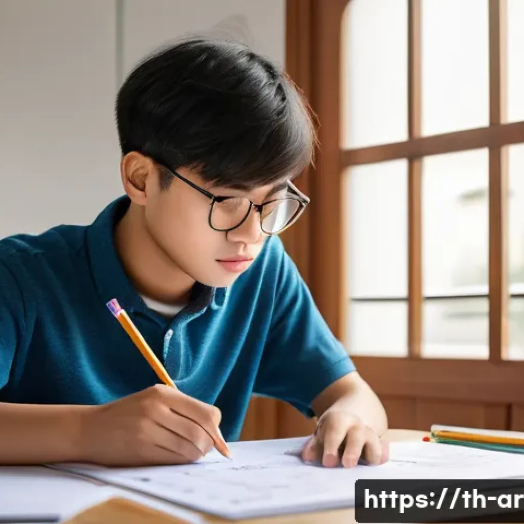건축 실기 시험 고득점 전략 - A focused young Thai architecture student sitting at a clean, well-organized desk in a quiet room, c...