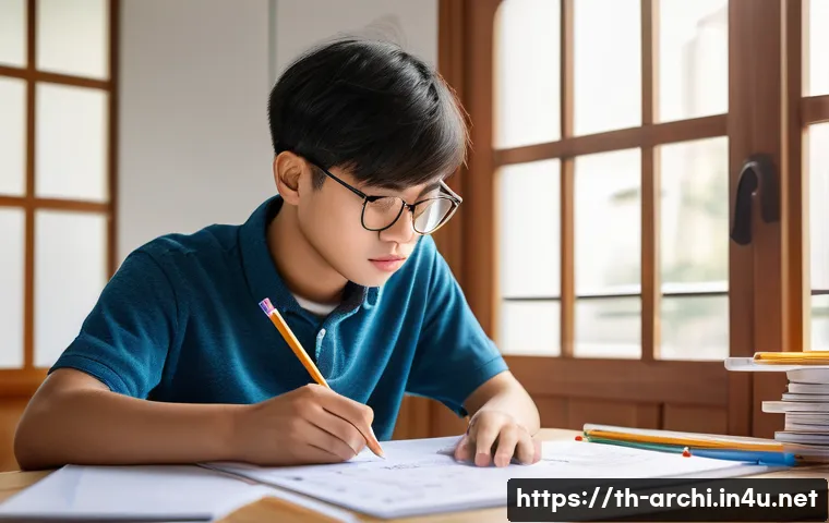 건축 실기 시험 고득점 전략 - A focused young Thai architecture student sitting at a clean, well-organized desk in a quiet room, c...