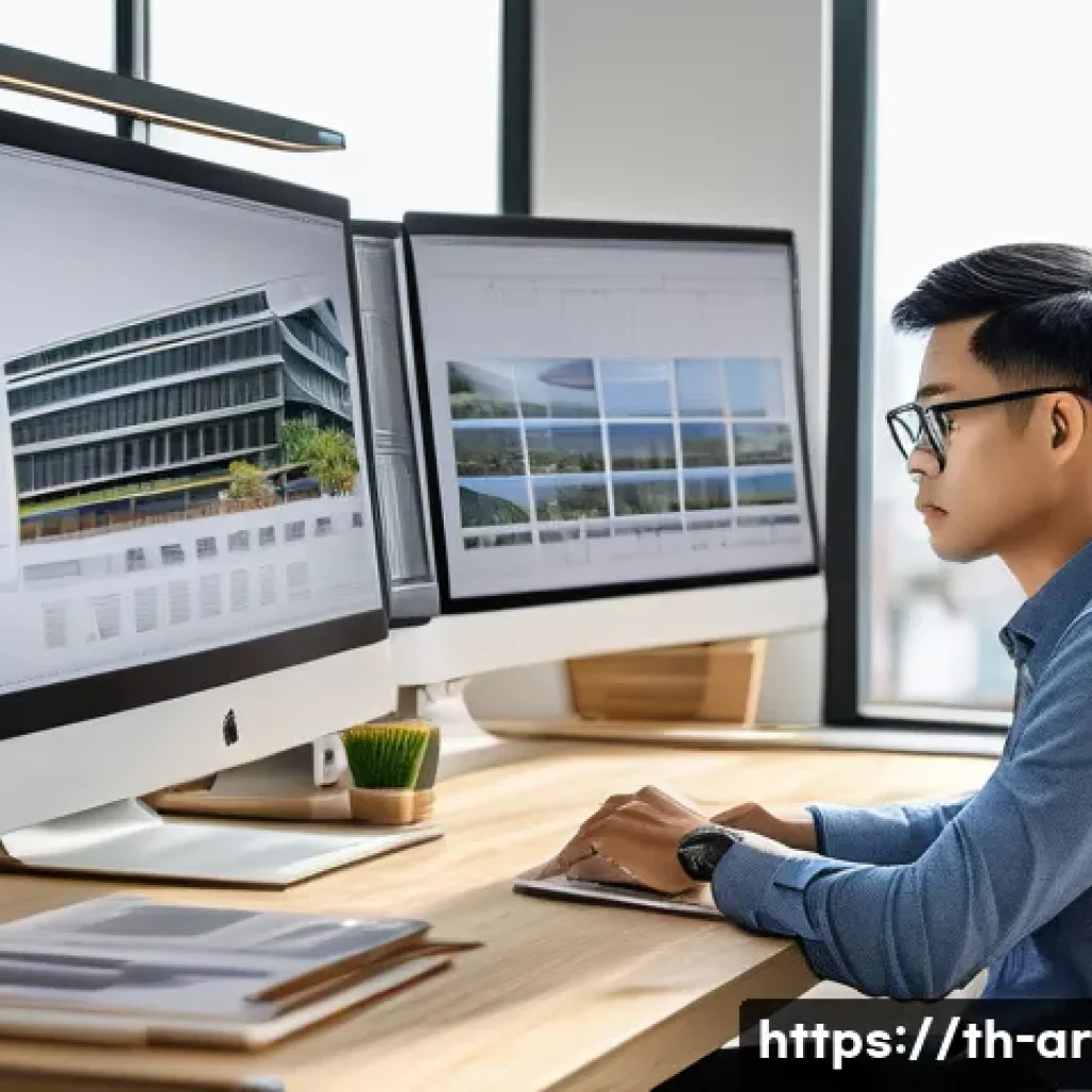 건축가의 경력 개발을 위한 학습 계획 - A modern Thai architect working diligently at a sleek office desk, surrounded by multiple monitors d...