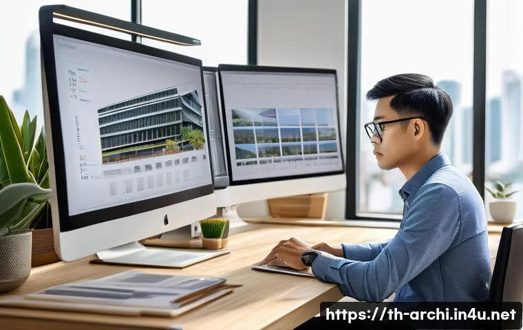 건축가의 경력 개발을 위한 학습 계획 - A modern Thai architect working diligently at a sleek office desk, surrounded by multiple monitors d...