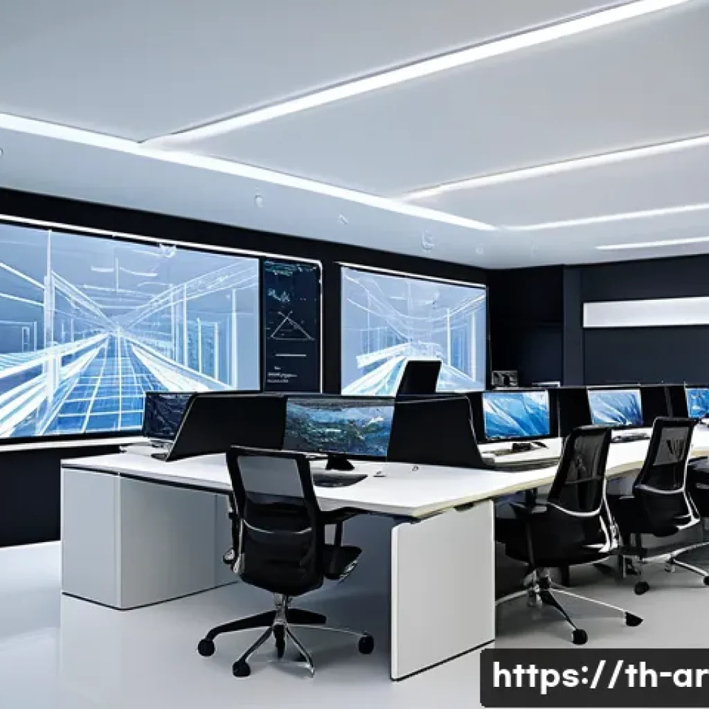 건축 설계에서 미래 기술 트렌드 활용하기 - A futuristic architectural design studio interior featuring advanced AutoCAD and BIM software on mul...