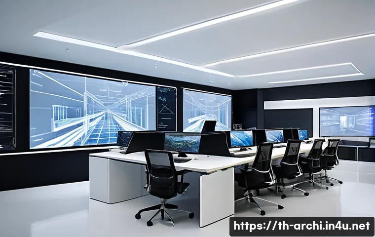 건축 설계에서 미래 기술 트렌드 활용하기 - A futuristic architectural design studio interior featuring advanced AutoCAD and BIM software on mul...