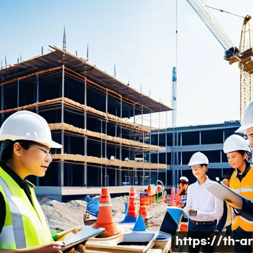 건축 실무에서 학습 리소스 활용하기 - A detailed construction site scene in Thailand featuring a diverse team of engineers and workers wea...