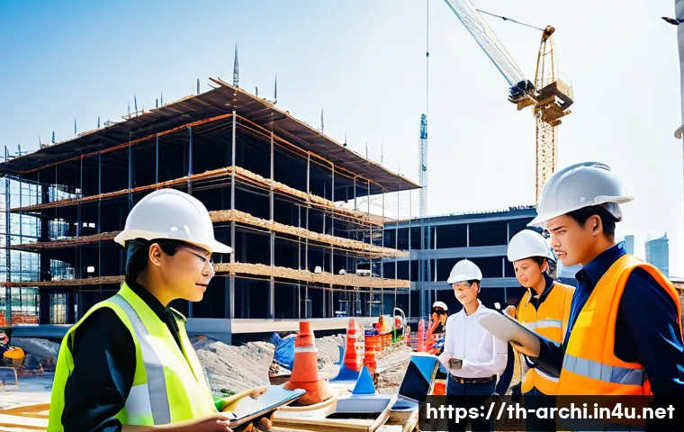 건축 실무에서 학습 리소스 활용하기 - A detailed construction site scene in Thailand featuring a diverse team of engineers and workers wea...