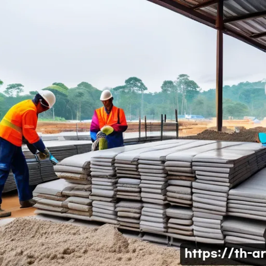 건축 실무에서 건축 비용 절감 방안 - A detailed construction site scene in Thailand during daytime, showing workers in safety gear includ...