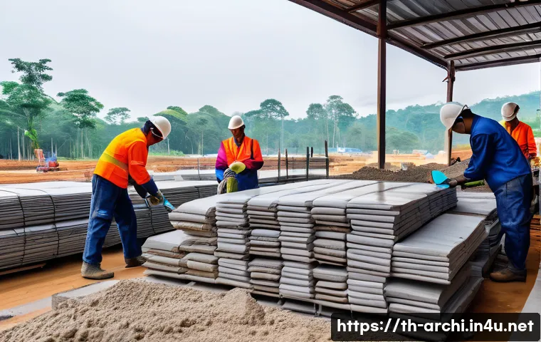건축 실무에서 건축 비용 절감 방안 - A detailed construction site scene in Thailand during daytime, showing workers in safety gear includ...