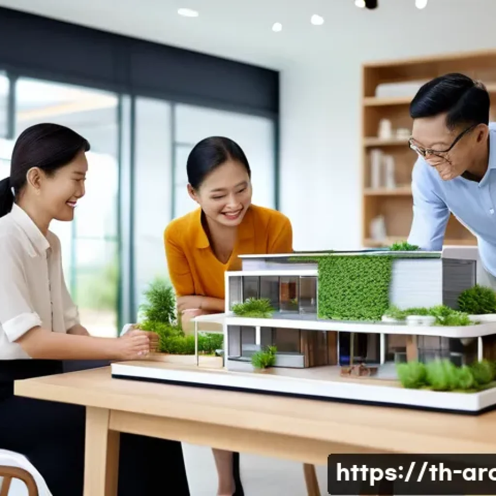 건축가의 직업 윤리와 사례 - A modern architectural design studio scene showing an architect presenting a detailed 3D model of a ...