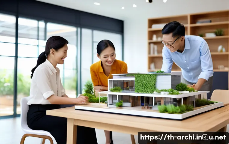 건축가의 직업 윤리와 사례 - A modern architectural design studio scene showing an architect presenting a detailed 3D model of a ...