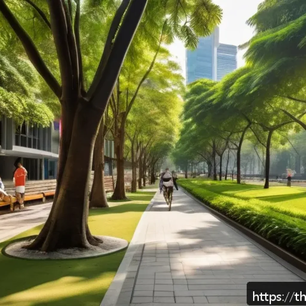 건축 설계와 공공 프로젝트 사례 - A vibrant small urban park in the heart of Bangkok’s Sukhumvit area, featuring lush green trees stra...