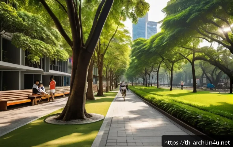 건축 설계와 공공 프로젝트 사례 - A vibrant small urban park in the heart of Bangkok&rsquo;s Sukhumvit area, featuring lush green trees stra...