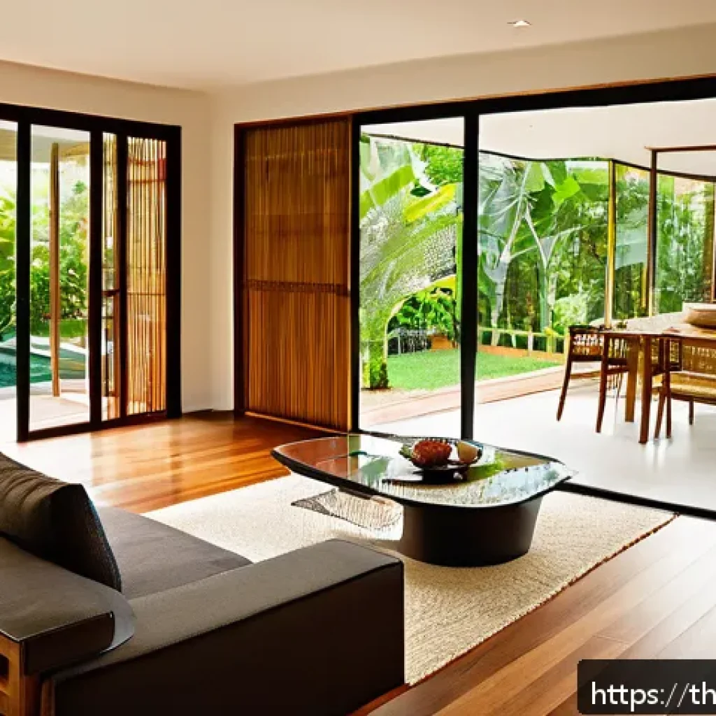건축 설계의 미학적 접근과 실용성 균형 - A modern Thai residential living room interior showcasing a seamless blend of natural materials and ...
