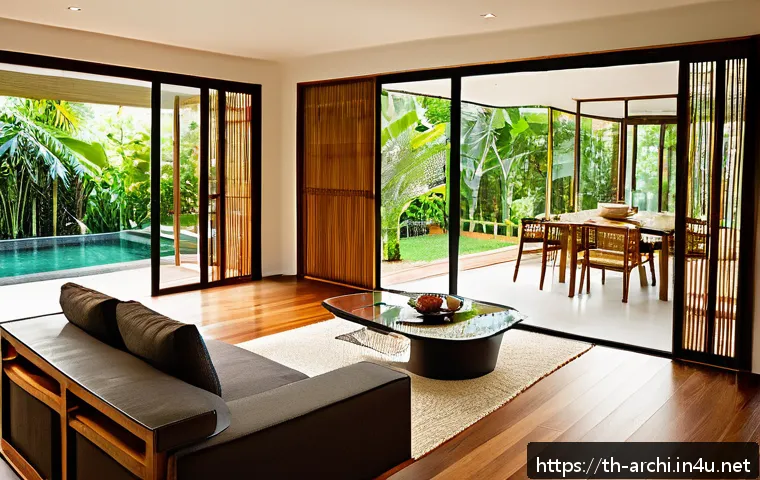 건축 설계의 미학적 접근과 실용성 균형 - A modern Thai residential living room interior showcasing a seamless blend of natural materials and ...