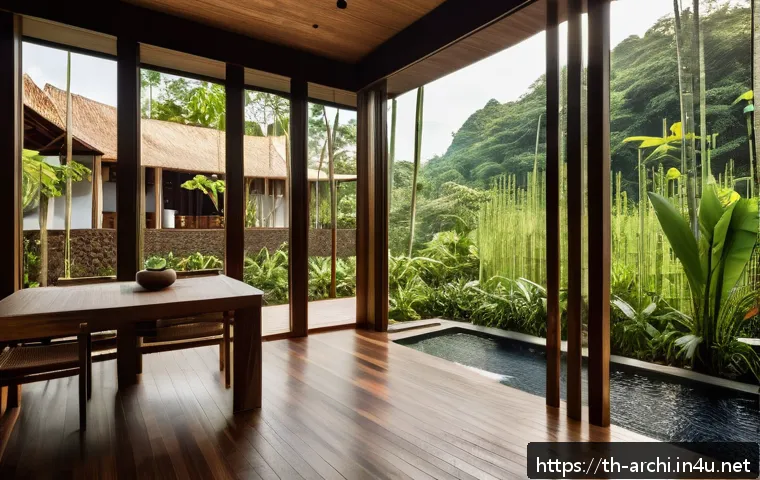 건축 계획과 디자인 과정 - A modern Thai-style vacation home exterior in Chiang Mai featuring natural materials like bamboo and...
