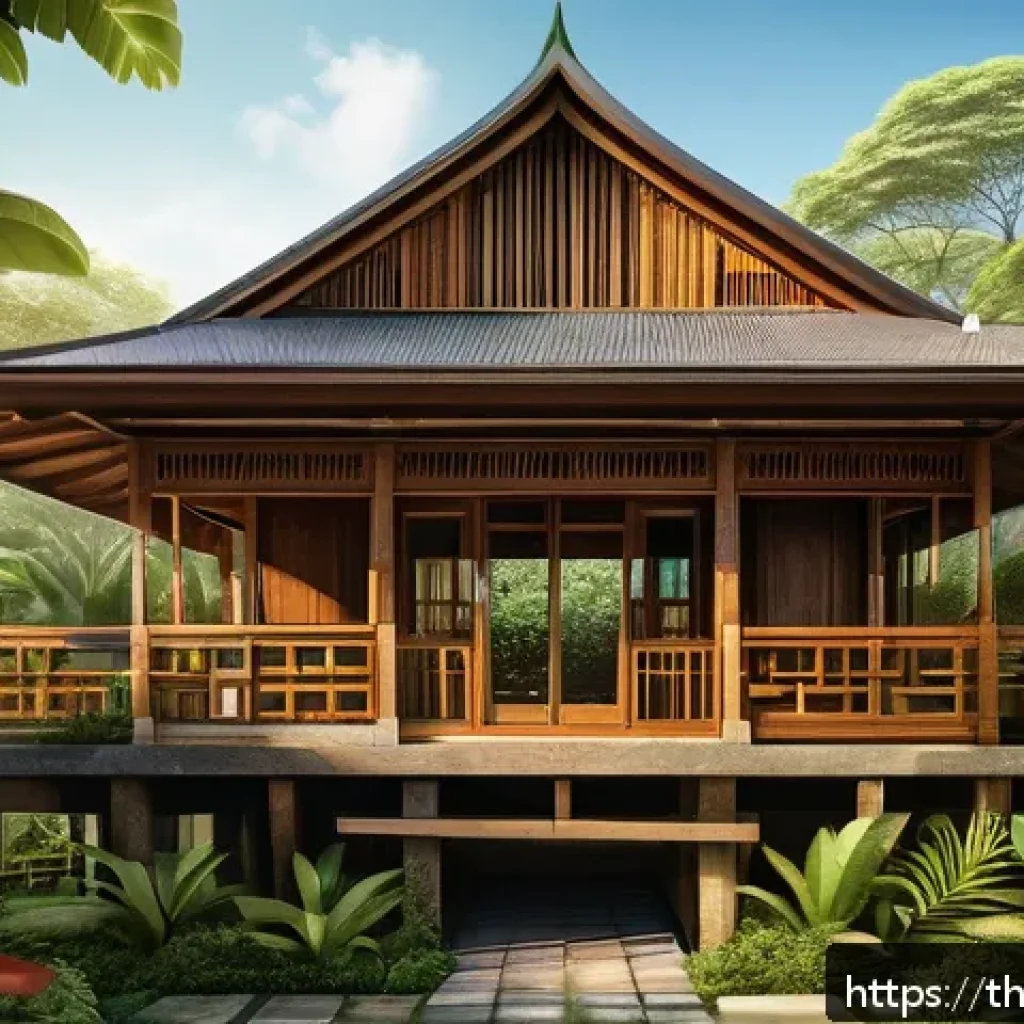 건축 구조 이해하기 - A detailed architectural cross-section illustration showcasing traditional Thai wooden structure in ...