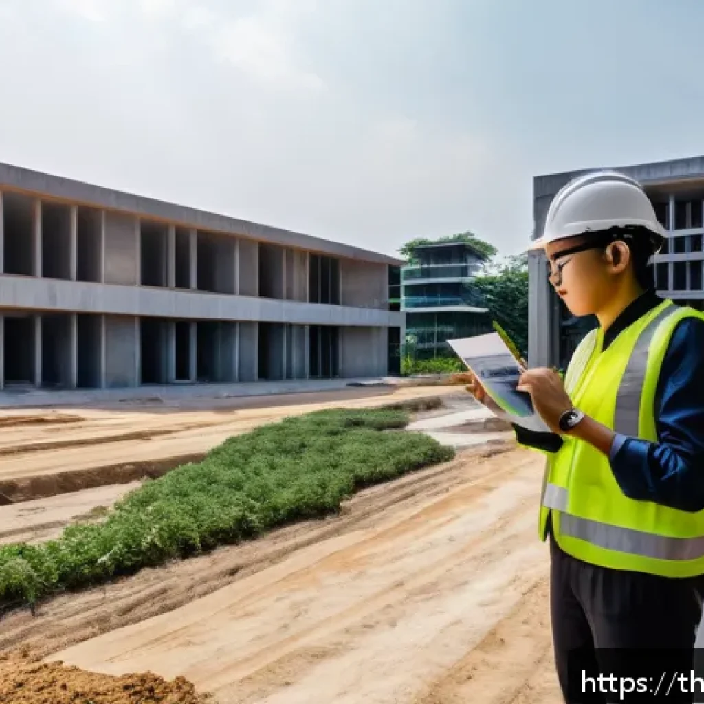 건축 실무에서의 디자인 품질 평가 - A professional architectural team conducting an on-site design evaluation at a modern Thai construct...