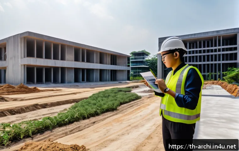 건축 실무에서의 디자인 품질 평가 - A professional architectural team conducting an on-site design evaluation at a modern Thai construct...