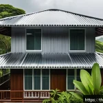Home 21 건축 자재 선택과 관리 요령 - A modern Thai-style house exterior in a tropical rainy season setting, showcasing a metal sheet roof...