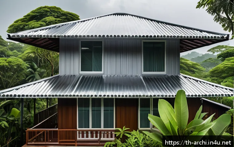 건축 자재 선택과 관리 요령 - A modern Thai-style house exterior in a tropical rainy season setting, showcasing a metal sheet roof...