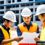 Home 23 건축 실무에서 리더십 스킬 개발 - A diverse construction team gathered around a detailed project plan displayed on a digital tablet at...