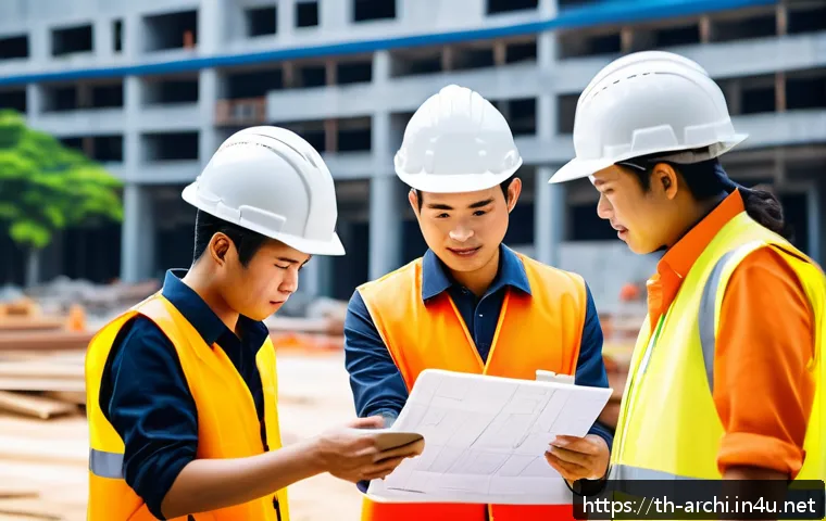 건축 실무에서 리더십 스킬 개발 - A diverse construction team gathered around a detailed project plan displayed on a digital tablet at...