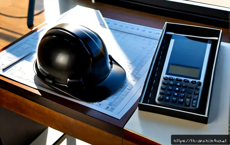 Home 29 건축 실무에서 활용 가능한 도구 - Photorealistic Thai architect’s workspace in Bangkok, clean wooden desk with a large unlabeled build...