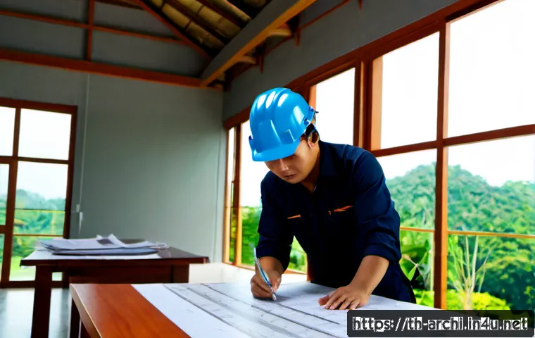 Home 17 건축 설계와 시공의 간극 줄이기 - Photorealistic Thai architect and construction supervisor in clean safety helmets reviewing a detail...