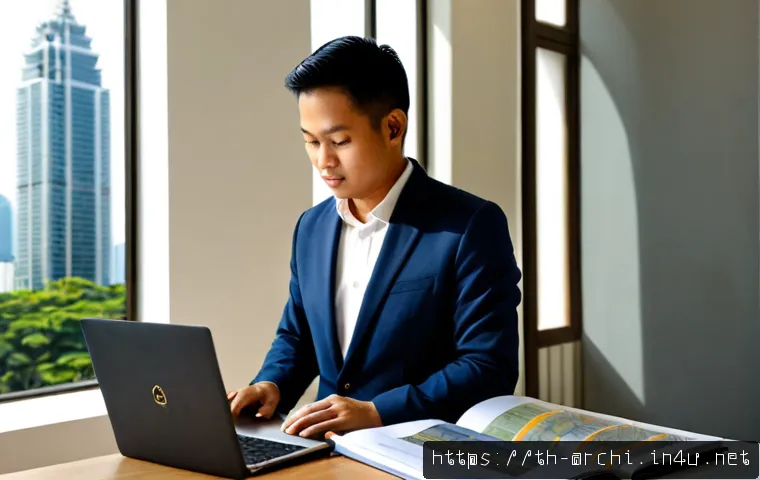 건축가 이직 전략 - Photorealistic Thai architect in a smart casual blazer reviewing a clean portfolio on a laptop besid...