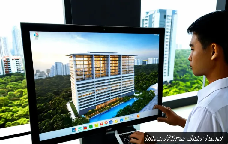 Home 17 건축 설계에서 최신 기술 적용하기 - Photorealistic architectural design studio in Bangkok, Thai architect reviewing a detailed 3D buildi...