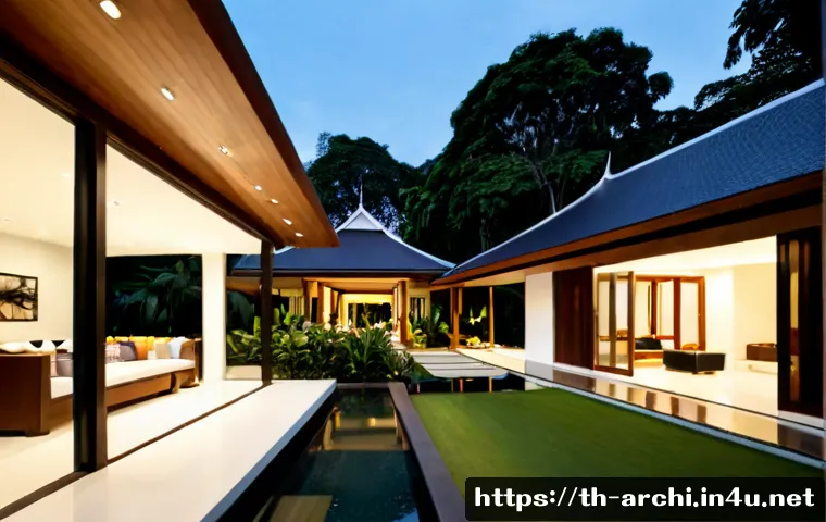 건축 설계와 조명 디자인의 중요성 - Photorealistic modern tropical Thai home at golden hour, elegant architectural design with wide over...
