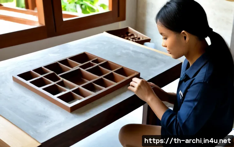Home 17 건축 실습에서 마감재 선택 팁 - Photorealistic architectural workshop in Thailand, a Thai architecture student comparing ceramic til...