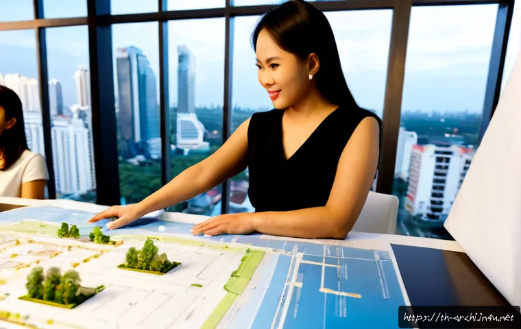 건축 설계에서 창의적 리더십 발휘하기 - Photorealistic architectural design leadership scene in a contemporary Bangkok studio, confident Tha...